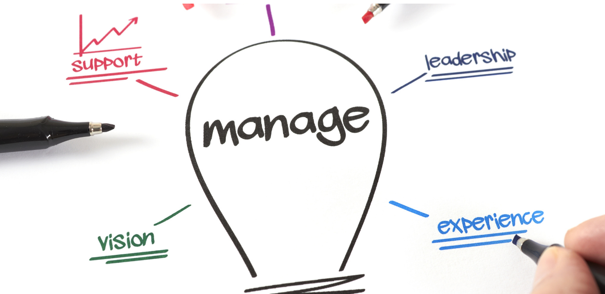 dessin d'une carte mentale ayant pour centre 'manage' entouré d'une ampoule, et ayant les mots 'vision', 'experience', 'leadership', 'support' sous forme de rayons